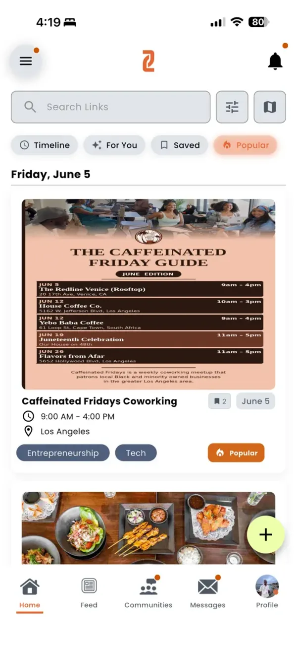The JoinLinks home screen: a Search Links field, filter tabs for Timeline, For You, Saved and Popular, and event cards grouped under a date, each with a flyer, start and end time, a Los Angeles location and topic tags.